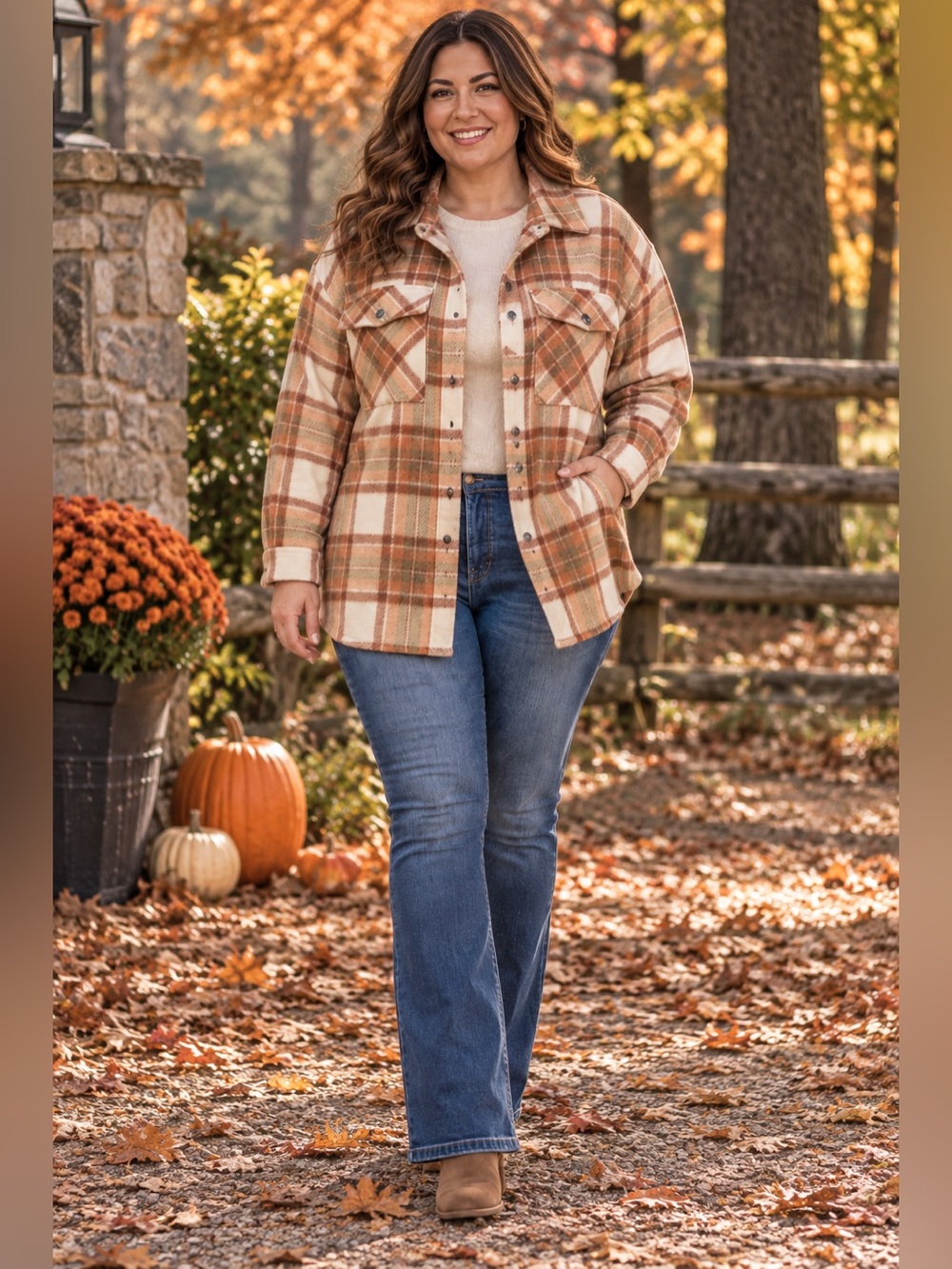 Marissa Olivia Plaid Shacket Oversized Cream Rust Cottagecore Fall Jacket 3X